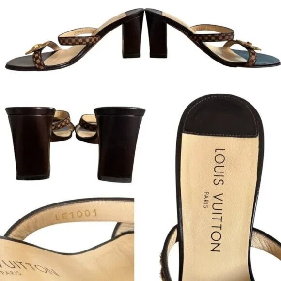 90'S‎ Y2K VINTAGE LOUIS VUITTON STRAPPY FLOWER CHECKER FUR SLIDES HEELS SZ. 7 - Picture 5 of 6